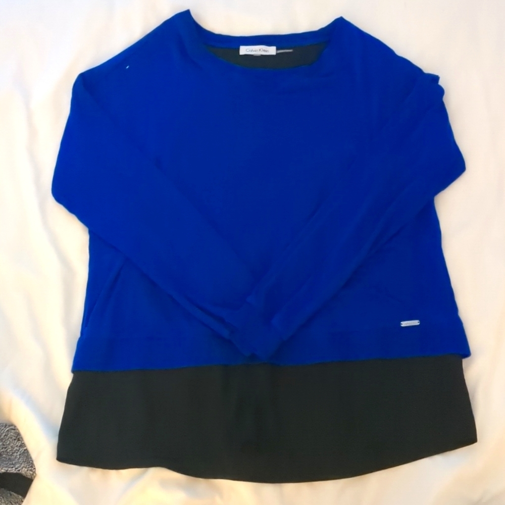 Calvin Klein blue black shirt with split open back, XS